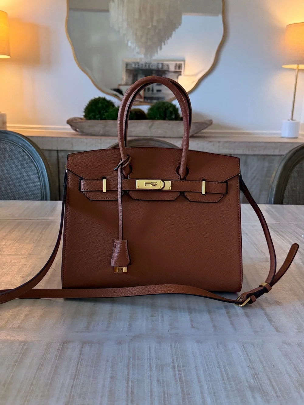 Classic Structured Tote Bag in Brown with Gold Hardware